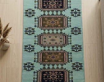 Handmade Oushak Runner Rug, Vintage Turkish Hallway Carpet, Muted Geometric Design  colour COUSTOM SIZE