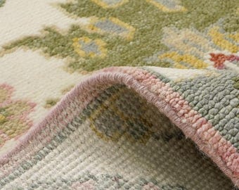 Hand Knotted Oushak Wool Rug, Light Blue Floral Oriental Area Rug