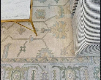 Handmade Beige Oushak rug ; Blue & Green Wool Turkish Rug