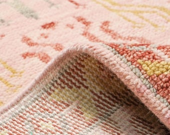 Hand Knotted Oushak Wool Rug, Morden pink peach Turkey Style