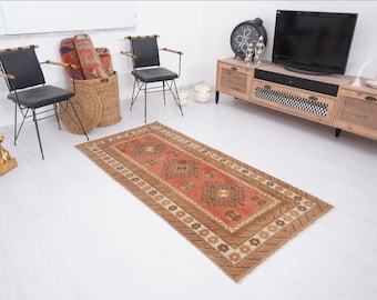 Handmade Oushak Runner Rug, Vintage Turkish Hallway Carpet, Muted Geometric Design