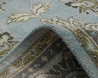 Hand Knotted Oushak Wool Rug, Light Blue Floral Oriental Area Rug