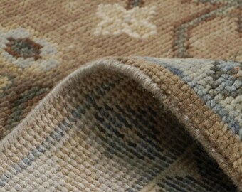Hand Knotted Oushak Wool Rug, Beige Floral Oriental Area Rug