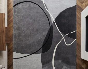 Abstract Wave Area Rug, Modern Living Room Carpet, Cream Navy Grey Tones