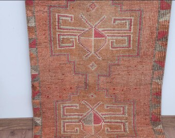 Hand Knotted Wool Handmade Vintage Runner Rug Peach Orange Brown