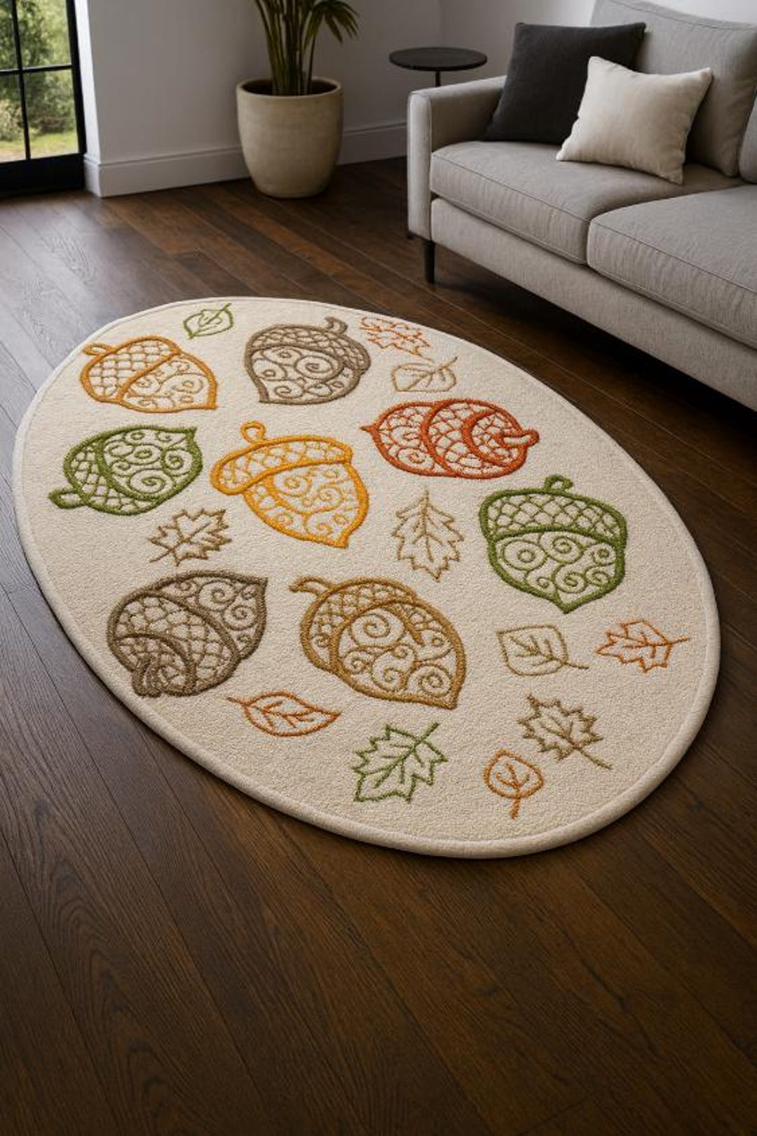 Handmade Tufted Oval Rug, Autumn Leaves Acorn Design, Boho Decor - Etsy