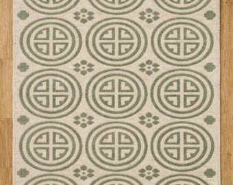 Hand Knotted Oushak Wool Rug: Green, White Oriental Turkish Carpet (Vintage Style)