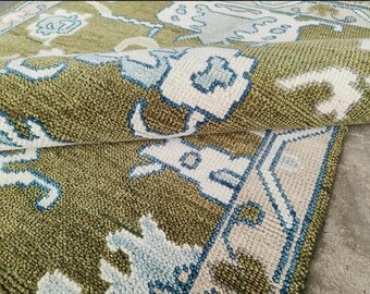 GreenOriental Hand Knotted Wool rug Oushak Rug: Hand Knotted Turkish Carpet for Living Room