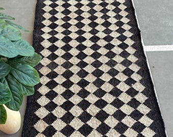Handmade Oushak Runner Rug, Vintage Turkish Hallway Carpet, Muted Geometric Design Black and white