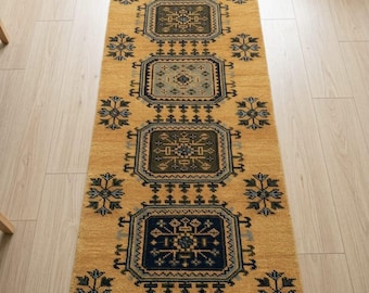 Handmade Oushak Runner Rug, Muted Geometric Turkish Hallway Carpet, Yellow Custom Size