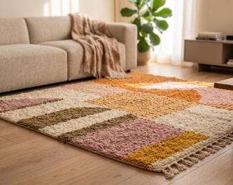 Rust Pink Moroccan Rug, Handmade Beni Ourain Rug, Abstract Wool Berber Rug, Modern Color Block Area Rug
