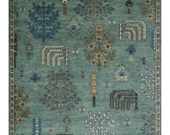 Hand Knotted Oushak Rug: Green Blue Turkish Wool Carpet, Traditional Floral Design