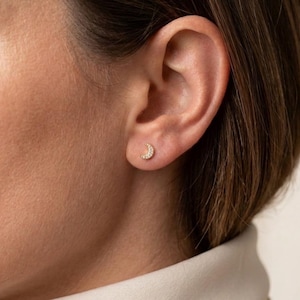 Dainty Crescent Moon Studs, 18k Gold Filled, Clear Stones, Minimalist Earrings