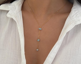 Goldene Lariat-Halskette, Y-Lariat-Halskette mit Larimar-Steinen, Larimar-Halskette aus Gold, 18 Karat vergoldet, mehrreihige Halskette, Türkisgold