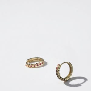 Conch Hoop, Ruby Huggie Earrings, Dainty Gemstone Hoops, Gold Huggies earrings, 18k gold filled