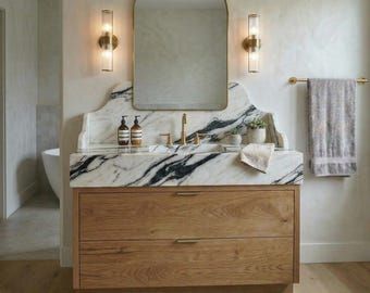 Tocador de baño de mármol Calacatta Viola con lavabo integrado: tocador de baño de mármol de lujo con lavabo incorporado, encimera de piedra artesanal, diseño de baño moderno.