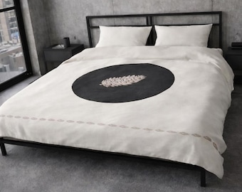 Microfiber Duvet Cover — Cream Minimalist Design — Pinecone Motif — Modern Artisanal Bedding, King Queen