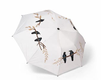 Neutral White Umbrella — Birds Perched-on-a-Branch Design — Calm Woodland — 8-Panel Canopy — Easy Semi-Automatic Opening — 48" Arc