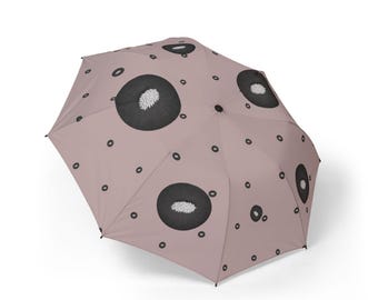 Parapluie mauve poussiéreux : motif pomme de pin, médaillon, ouverture automatique : 48 arcs de cercle, 8 panneaux étanches