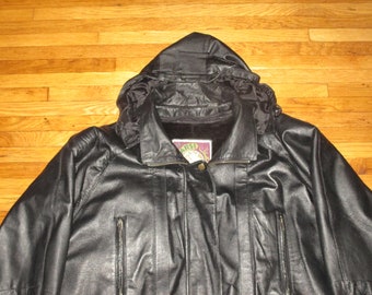 Rare Vintage 1990s Learsi Lined Hooded Hip Hop Distressed Leather Jacket