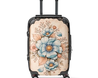 Vintage Floral Suitcase – Blue Botanical Hard Shell Carry-On Luggage