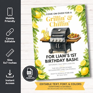 Pode incluir: Um modelo de convite de 5x7 polegadas com uma borda de limões e folhas em aquarela, uma churrasqueira preta, um copo de limonada e um espeto. O texto diz: Come on over for a Grillin' & Chillin' for Liam's 1st Birthday Bash, 18 de julho.