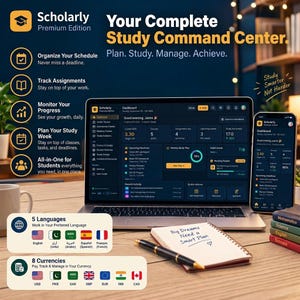 May include: A Scholarly Premium Edition digital study dashboard displayed on a laptop and smartphone screen. The interface features academic tracking tools, schedules, and progress metrics. A notebook with the text Big Dreams Need a Smart Plan sits nearby.