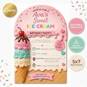 Puede incluir: Una plantilla de invitación de cumpleaños con temática de helado que muestra un cono de tres bolas con una cereza. El texto dice: Join us for a Ava's Sweet Ice Cream Birthday Party, Come chill with us for a cool celebration, It's going to be sweet, Date: Saturday, June 20, Time: 5:00 PM, Location: Sweet Scoops Ice Cream 123 Cherry Lane, CA 90210, RSVP: Sarah (123) 456-7890, Can't wait to celebrate with you.