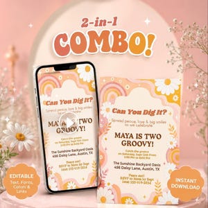 Invitacion Two Groovy Segundo Cumpleaños Video Nombre Personalizado, Bolsas Regalo Fiesta Retro Daisy, Evite Smartphone, Imprimible PNG