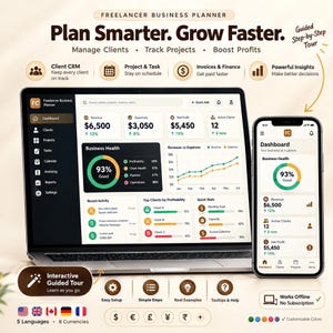 May include: A digital freelancer business planner displayed on a laptop and smartphone screen. The interface shows a dashboard with revenue, expenses, net profit, and active client metrics. Includes icons for CRM, projects, invoices, and insights.