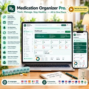 Pode incluir: Um computador portátil e um smartphone exibem o painel do Medication Organizer Pro, com métricas de saúde, agendamentos e registos de medicação. Estão presentes um organizador de comprimidos, um caderno com texto manuscrito e uma caneta.