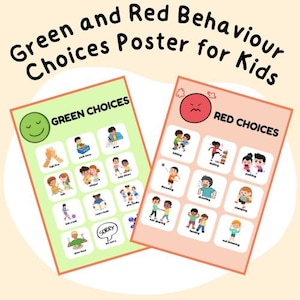 Pode incluir: Dois cartazes intitulados "Green and Red Behaviour Choices Poster for Kids". O cartaz verde mostra comportamentos positivos com uma carinha sorridente, enquanto o cartaz vermelho mostra comportamentos negativos com uma carinha zangada. Cada cartaz tem exemplos ilustrados.