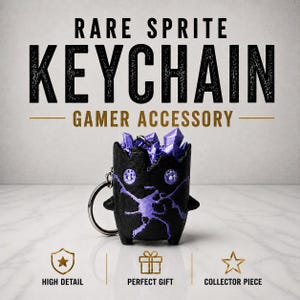 May include: A black keychain featuring a textured, cylindrical creature with two purple eyes and purple cracked patterns on its body. The top of the creature is filled with jagged purple crystals. Text reads RARE SPRITE KEYCHAIN GAMER ACCESSORY.