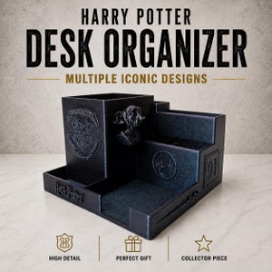 May include: A black Harry Potter desk organizer featuring a Hogwarts crest, a Dobby figure, a 9 3/4 emblem, and a wand detail. The text reads HARRY POTTER DESK ORGANIZER MULTIPLE ICONIC DESIGNS, HIGH DETAIL, PERFECT GIFT, and COLLECTOR PIECE.