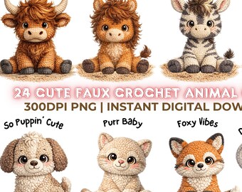 Pacchetto clipart di animali finti all'uncinetto, 24 PNG, download digitale ad alta risoluzione