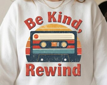 Be Kind Rewind PNG, Cassetta audio retrò PNG, Design per maglietta vintage anni '80 e '90, Clipart retrò effetto invecchiato, Download immediato, Design per sublimazione