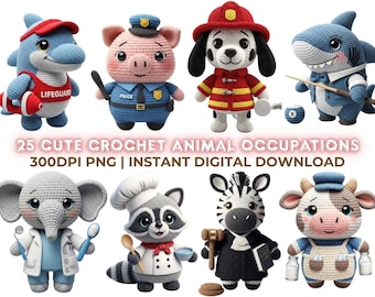 Clipart di animali finti all'uncinetto, pacchetto di 25 PNG (download digitale)