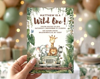 Invito per il primo compleanno a tema Safari Jungle, Wild One Watercolor Animals (download digitale), invito per il primo compleanno