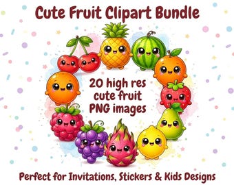 Pacchetto di clipart di frutta Kawaii, 20 immagini PNG ad alta risoluzione (download digitale)