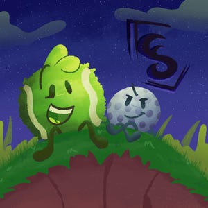May include: A digital illustration featuring a green tennis ball and a white golf ball with faces, set against a starry night sky. The tennis ball is smiling. A black stylized "S" is in the upper right corner, above the golf ball.