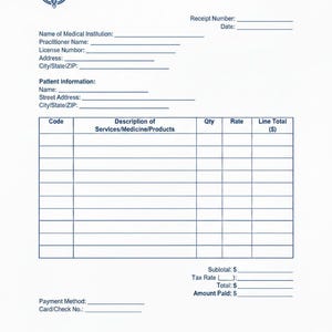 May include: A white medical invoice with blue detailing. The document includes fields for medical institution, patient information, and a breakdown of services. The top features a logo and the words "MEDICAL INVOICE".