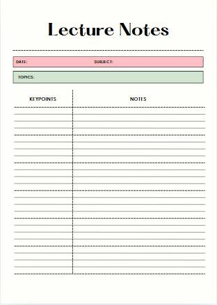 Printable Study Note Template, Student Lecture Notes Page, A4 Study ...