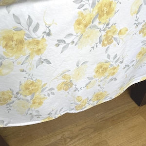 Vintage tablecloth - round butter yellow grey floral summer tablecloth