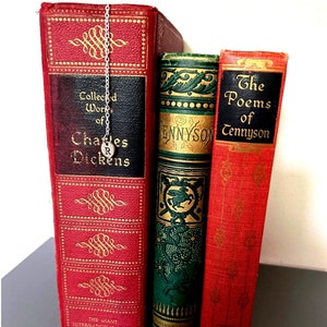 May include: Three hardcover books on a shelf. The book on the left is red with gold lettering and says "Collected Works of Charles Dickens". A silver chain with a round charm hangs from the book. The book in the middle is green and gold with the word "Tennyson" on the spine. The book on the right is red with gold lettering and says "The Poems of Tennyson".