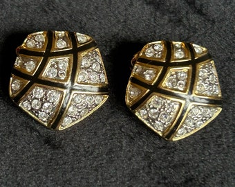 Vintage art deco clip on earrings 1970s black and gold with rhinestones