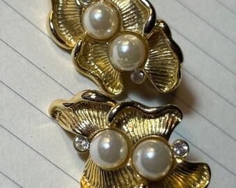 Ohrringe Gold Vintage Blatt Design mit Clip Perlen Zirkonia