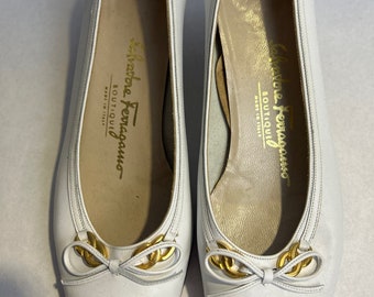 Salvatore Ferragamo, ballet shoes, white leather with bow and gold link size 7