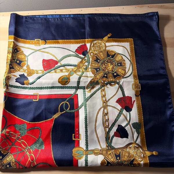 Vintage Scarf Horsebit tassel equestrian design square red yellow blue