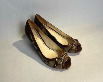 Coach wedge peep toe shoes with logo 7 1/2 and gold horse bit buckle