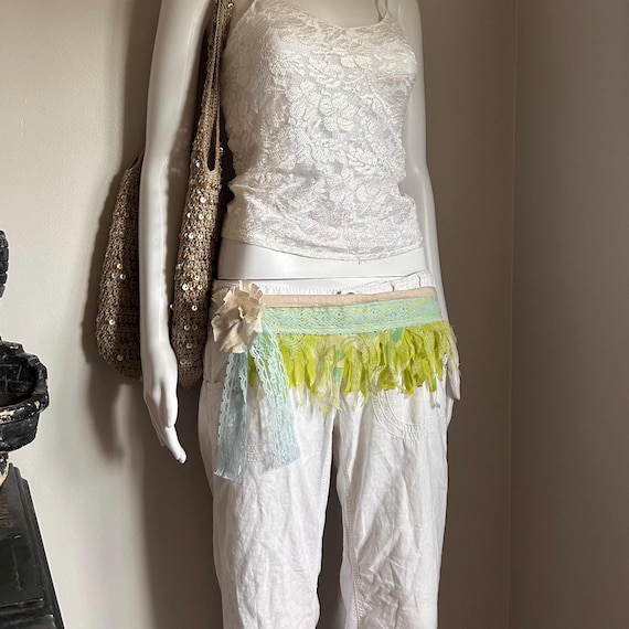 Fringe belt sash handmade cream and green festival fringe belt Handmade Fringe Belt Sash: Cream & Green Festival Style - Etsy main image 2